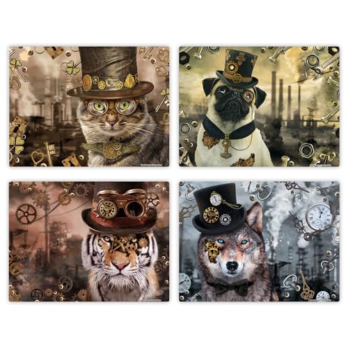 Tischsets (4er Set) Tiere, Wolf, Katze, Mops, Tiger, 40 x 30 cm Platzset aus hochwertigem Vinyl, Tischset abwaschbar, pflegeleicht + rutschfest, Made in Germany, BPA-frei | Design: “Steampunk - Set“ von contento