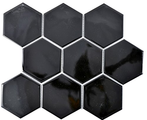 Mosaik Fliese Keramik Hexagon schwarz glänzend WAND BAD WC DUSCHE KÜCHE FLIESENSPIEGEL THEKENVERKLEIDUNG BADEWANNENVERKLEIDUNG Mosaikmatte Mosaikplatte von conwire