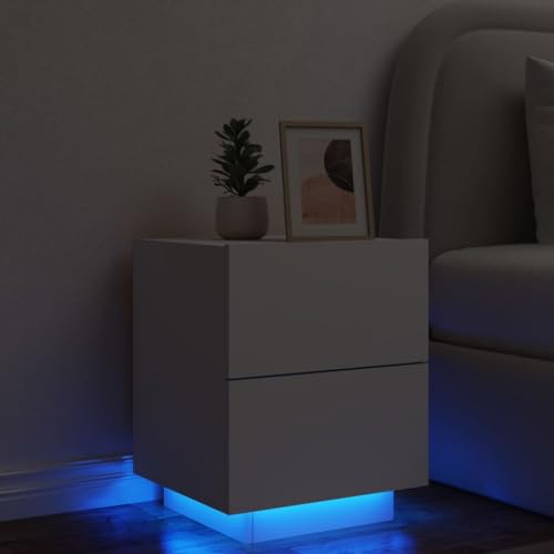 cozihabi Nachttisch für Erwachsene, 45 x 40 x 55 cm, mit LED-Leuchten, RGB-Weiß, Holz, feuchtigkeitsbeständig, Nachttisch mit glatter Oberfläche, Nachtschrank, Schlafzimmer von cozihabi