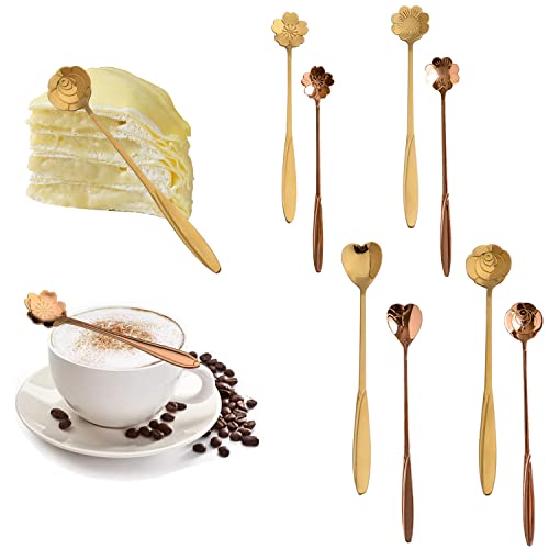 dancepandas Blumen Löffel Set 8PCS Edelstahl Löffel Gold Teelöffel Kaffeelöffel Rose Dessertlöffel für Geschirr, Küche, Kaffee oder Bar (Lange 18cm) von dancepandas