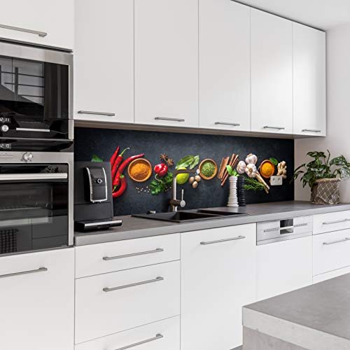 Dedeco Küchenrückwand Motiv: Gewürze V2, 3mm Aluminium Platte als Fliesenverkleidung Spritzschutz Küchenwand Verbundplatte wasserfest, inkl. UV-Lack glänzend, alle Untergründe, 260 x 60 cm von dedeco