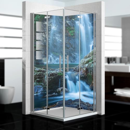 dedeco Eck-Duschrückwand wasserfest Motiv: Wasserfall V22, UV-Lack matt, 2 x 100x210 cm, als Badrückwand zum Fliesenersatz, Dekorwand, Wandverkleidung und Duschplatte aus Aluminium - Made in Germany von dedeco