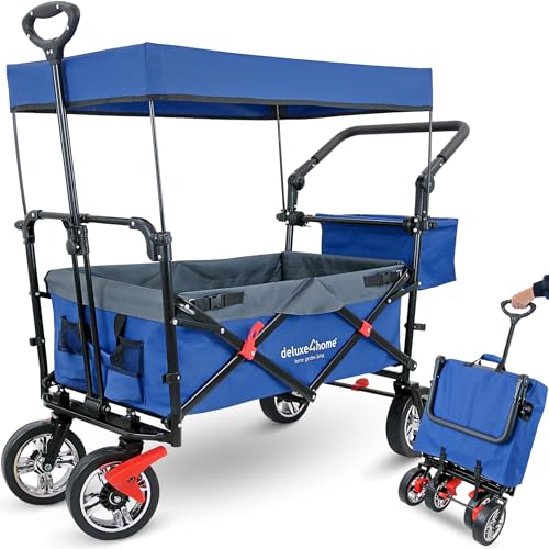 deluxe4home® Bollerwagen mit Dach Faltbar Blau I Handwagen Transportwagen bis 80 kg I Breite Reifen Trolley Bremsen I Robuster Wagen Kinderwagen Strandwagen von deluxe4home