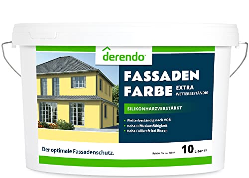 derendo Fassadenfarbe gelb 10l mit EXTRA hohem Wetterschutz, matte silikonharzverstärkte Fassaden Farbe, hohe Deckkraft und gute Füllkraft bei kleinen Rissen (Cremegelb 7-22) von derendo