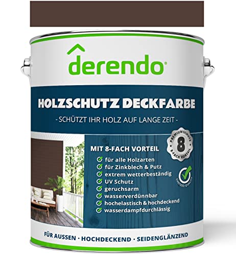 Derendo Profi Holzschutzfarbe Aqua braun für Außen, 2,5L wasserverdünnbare Wetterschutzfarbe, seidenglänzend, verschiedene Farbtöne, Holzfarbe mit sehr hoher Deckkraft (mahagonibraun RAL 8016) von derendo