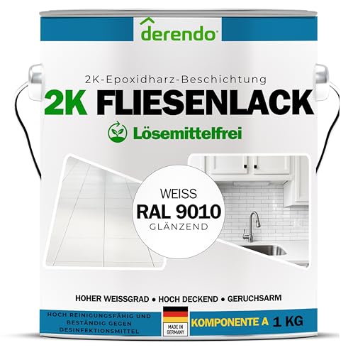 derendo 2K Fliesenlack weiß glänzend (RAL 9010) Epoxidharz mit Härter weiße Fliesenfarbe Badezimmer Fliesenlack 2K Lack Badewanne reinweiss für Innen & aussen (1, Kilogramm) von derendo