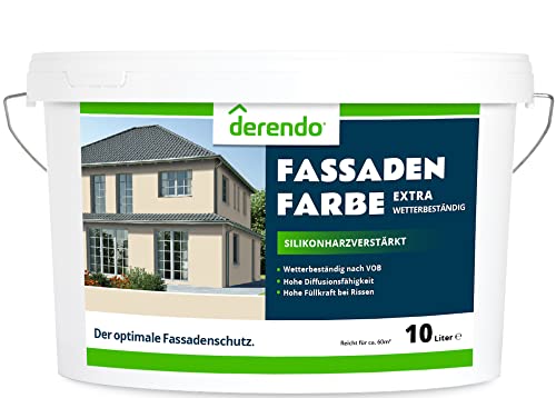 derendo Fassadenfarbe beige 10l mit EXTRA hohem Wetterschutz, matte silikonharzverstärkte Fassaden Farbe, hohe Deckkraft und gute Füllkraft bei kleinen Rissen (Cremefarben) von derendo