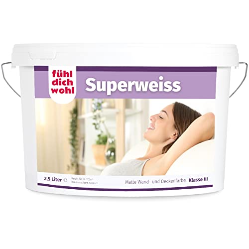 Fühl Dich Wohl Superweiss weiße Innenwandfarbe 2,5l, matt wieß Wand Farbe weiß hohe Deckkraft für Innen Ausbesserungsfarbe tropfarm dispersionsfarbe deckend 2,5 Liter von derendo