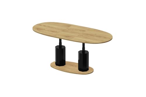 Design Couchtisch HBL-111 Tisch stufenlos höhenverstellbar ausziehbar oval Esstisch, Farbe:Eiche Natur - Schwarz Hochglanz von designimpex