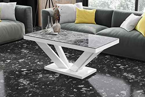 Design Couchtisch HV-222 Hochglanz Highgloss Tisch Wohnzimmertisch, Farbe:Marmor dunkel Hochglanz - Weiß Hochglanz von designimpex