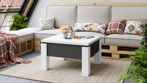 Design Couchtisch Tisch Oslo höhenverstellbar 49 / 76cm aufklappbar 80 / 160cm Esstisch, Farbe:Weiß matt - Anthrazit matt von designimpex