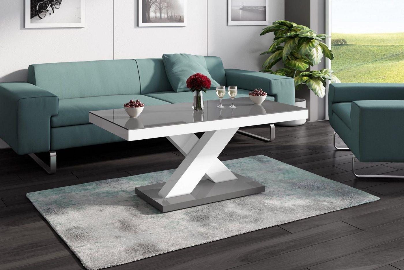 designimpex Couchtisch Design H-888 Grau / Weiß Hochglanz Highgloss Tisch Wohnzimmertisch von designimpex