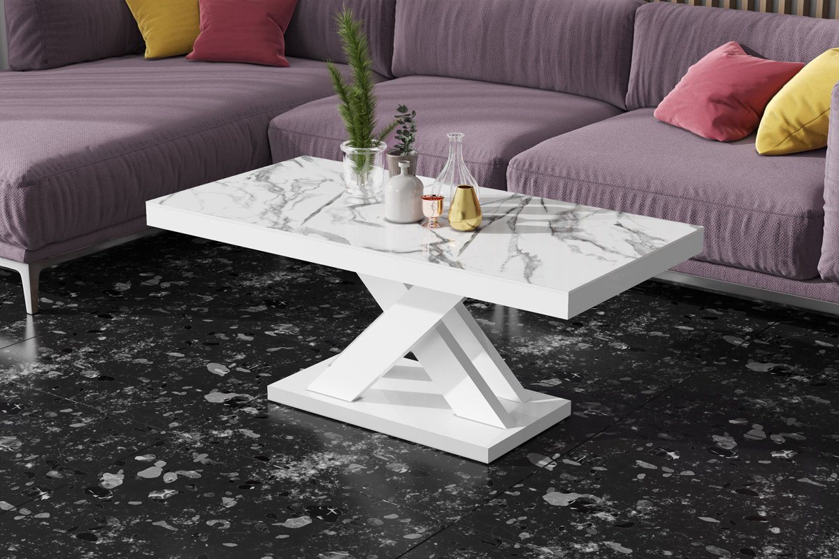 designimpex Couchtisch Design XLU-888 Marmor Natur - Weiß Hochglanz Tisch Wohnzimmertisch von designimpex