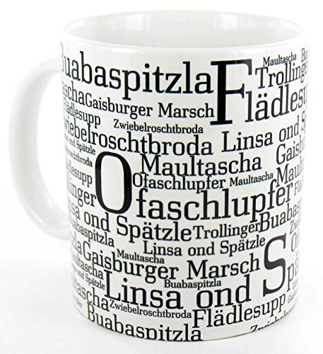 die stadtmeister Keramiktasse ''Typo Schwäbische Spezialitäten'' von die stadtmeister