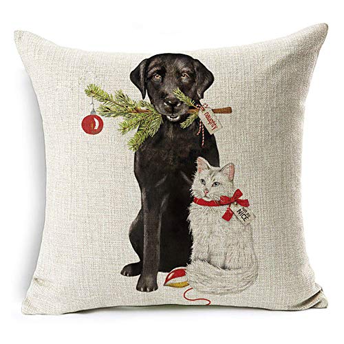 display08, weihnachtliche Kissenhülle mit Weihnachtsmann, Rentier, und Hund, Sofakissenhülle zur Heimdeko, Leinen, #15 Black Lab and White Kitty, #15 Black Lab and White Kitty von display08