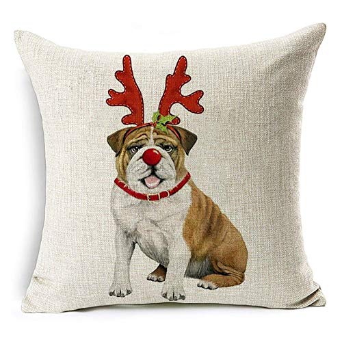 display08, weihnachtliche Kissenhülle mit Weihnachtsmann, Rentier, und Hund, Sofakissenhülle zur Heimdeko, Leinen, #14 Taschentucher Xmas Bulldog, #14 Taschentucher Xmas Bulldog von display08
