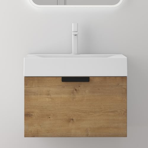 doporro Waschbecken-Unterschrank Badmöbelset mit Mineralguss-Waschbecken Badezimmer Unterschrank Lonato 60x45x48cm Design Waschplatz in Kerneiche mit Soft-Close-Funktion von doporro