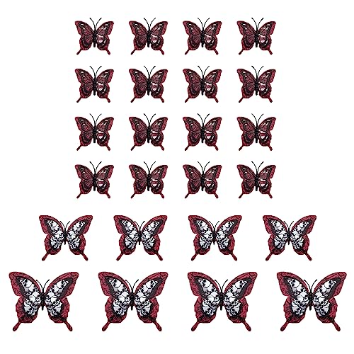 duoyif 3D Schmetterlinge Wanddeko 24Stück Schwarz Rot Wandtattoo Schmetterlinge 3D Abnehmbare Schmetterling Aufkleber Mit Totenkopf Muster Diy Wandkunst Für Wohnzimmer Raum Party Büro Wanddekor (Rot) von duoyif