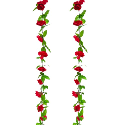 douyif Blumengirlande Rosengirlande 4Stk 2.4M Künstliche Blumenranke Hängende Seidenblumen Künstliche Kunstblumen Gefälschte Rose Vine Girlande Für Hochzeit Garten Party Haus Büro Dekor (Rot) von duoyif