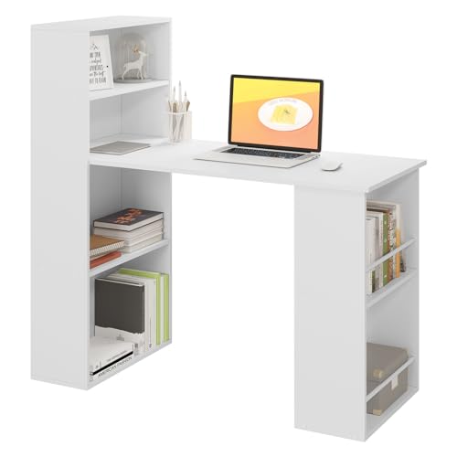 eSituro 120cm Schreibtisch mit Regalen Weiß, Computertisch mit Regal,Bürotisch mit Bücherregal,Tisch mit Ablagefächern, Desk with Bookshelf, 122x55x120 cm von eSituro
