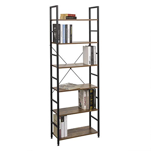 eSituro Standregal Badregal Küchenregal Badezimmer Bücherregal Aufbewahrung Leiterregal Stufenregal platzspazierend modern Stil 6 Ablagen Schwarz+Nussbaum Metall+MDF 60x27.5x180CM SSTR0057 von eSituro