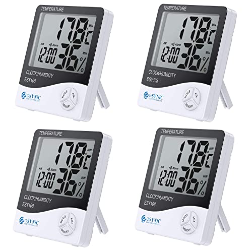 eSynic Digitales Raumthermometer, Hygrometer, Luftfeuchtigkeitsmesser, LCD-Thermometer, Wecker, mit Monitor, für Zuhause und Büro 4 Stück. von eSynic