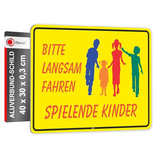 XL Warnschild I Bitte langsam fahren I Spielende-Kinder I Aluverbund-Schild I 40 x 30 cm groß I 3 mm Stark I mit UV Schutz-Laminat I Wetterfestes Hinweisschild I hin_111 von easydruck24de