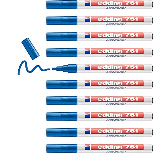 edding 751 Lackmarker - blau - 10 Stifte - Rundspitze 1-2 mm - Lackstift zur Markierung und Beschriftung von Metall, Glas, Stein oder Kunststoff - hitzebeständig, permanent, wischfest von edding