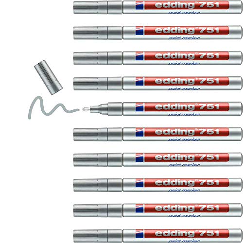 edding 751 Lackmarker - silber - 10 Lackmarker - Rundspitze 1-2 mm - Lackstift für Glas, Stein, Holz, Kunststoff und Papier - wasserfest, stark deckend von edding