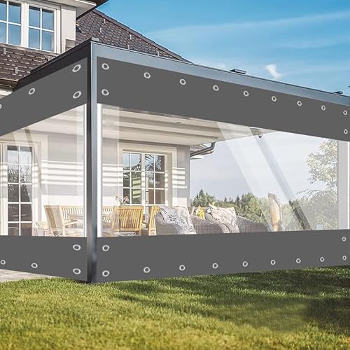 Transparente Plane mit ösen Wasserdicht 420g/m² PVC Abdeckplane Gewebeplane Windschutz Regenschutz für Garten Pavillon Terrassen Balkon Gewächshäuser (Grau, Höhe 2.1m x Breite 3m) von ele ELEOPTION