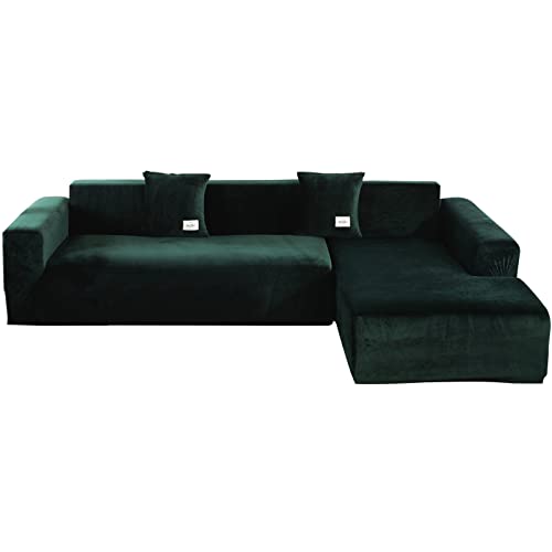 ele ELEOPTION Sofa Überzug Samt Stretch Sofabezug 2er Set 3 Sitzer Verdickung Couchbezug für L Form Sofa Ecksofa inkl. 4 Stücke Kissenbezug (pur Dunkelgrün) von ele ELEOPTION