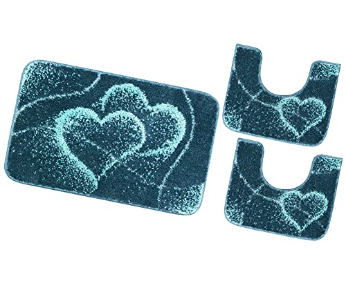 emmevi Badteppich mit Herzen, weich, rutschfest, waschbar, Modell IBISCO (B) 3-teiliges Set, blau von emmevi