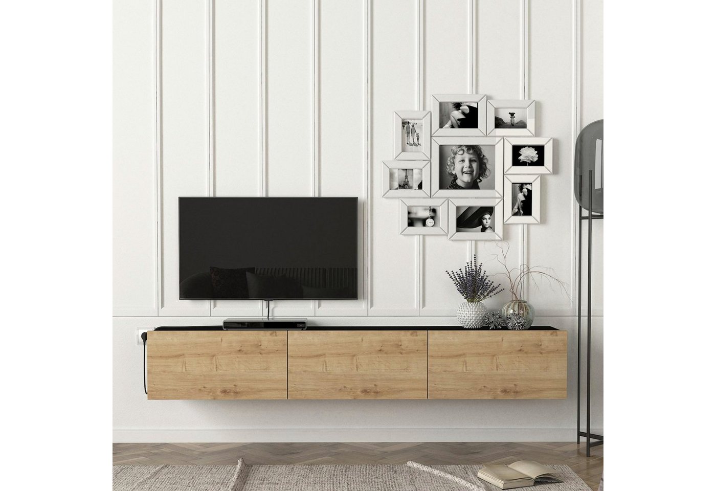 en.casa TV-Schrank »Vihti« Fernsehschrank 180x31x29,5cm Eiche/Schwarz, 5cm Eiche/Schwarz von en.casa