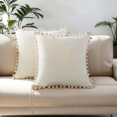 eslohnt Kissenbezug 40x40,Beige Kissenhülle,2er Set Bezug des Kissen für Sofakissen Dekokissen Couchkissen Kuschelkissen Zierkissen,Deko Wohnzimmer Schlafzimmer Modern mit Pom Pom,Samt von eslohnt