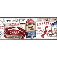 Rote Und Blaue Strand-Küsten-Nautik-Meeresfrüchte-Zeichen Auf Holz-Look-Tapeten-Bordüre, Vorgeklebt, 45 "x 6, 8 Zoll von ewallpaperandborder