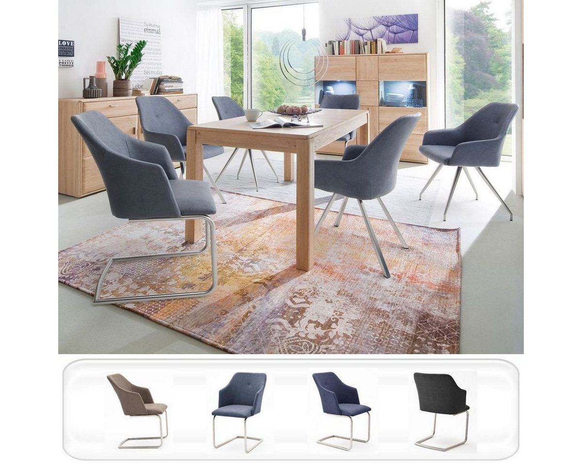 expendio Essgruppe Torrent 13, (Spar-Set, 7-tlg), Ausziehtisch Eiche bianco massiv 160(260)x90x78 cm mit Mittelauszug + 6x Stuhl Marion B3 Kunstleder Argentina graublau Edelstahl von expendio