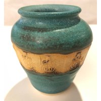 Handgemachte Miniatur Keramik Vase Studio Kunst Dekorative Türkis Grün Und Beige Lam American Art Pottery Stoneware Pot Signiert von familyjewelsatlanta