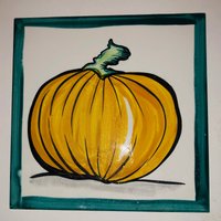 Vintage Dekorative Keramikfliese Kürbis-Squash-Malerei-Künstler Signiert Lm 1994 Pardo-Fliesen-Halloween-Dekorationen von familyjewelsatlanta