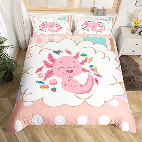 Cartoon Axolotl Bettbezug 200×200 für Kinder Jungen,Rosa Süße Fisch Süßigkeiten Bettwäsche-Set mit 2 Kissenbezügen Trösterbezug,Kawaii Girly Plaid Bettdecke Bettbezug 3 Stück, Weich, Reißverschluss von feelingyou