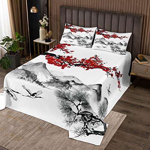 Chinesische Tuschemalerei Tagesdecke 240x260cm,Red Plum Bossom Floral Bettdecke Set für Kinder Erwachsene, Naturlandschaft Landschaft Bettwäsche Set mit 2 Kissenbezügen von feelingyou