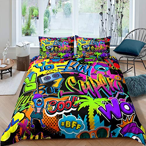 Hippie Cartoon Bettwäsche-Set Hip Hop Street Kultur Bettwäsche Set 200x200cm Graffiti Briefe Betten Set für Kinder Jungen Mädchen Teenager 3St.Reißverschluss Mikrofaser von feelingyou