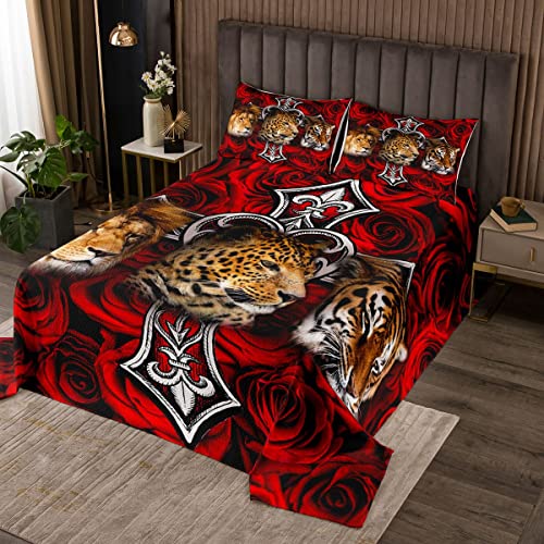 Löwe Leopard Tiger Tagesdecke 170x210cm, afrikanisches tropisches Wildtier-Bettwäsche-Set Mode Luxus Bettdecke Set für Kinder Jungenzimmer,Rote Rose Blumen Polyester Festival Geschenke Steppdecke von feelingyou