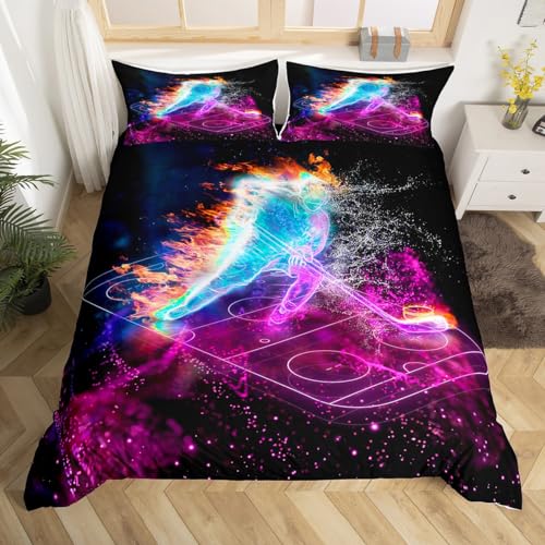 feelingyou Eishockey Bettbezug S Größe, Neon Hockey Spieler Blau Lila Glitter Tröster Cover Set für Kinder Mädchen, Feuer Wassersport Spiele Bettwäsche Quilt Cover Set Schlafzimmer Dekor, 2 Pcs von feelingyou