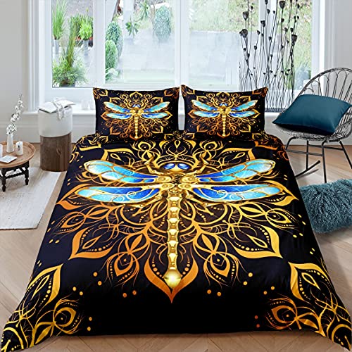 feelingyou Goldene Drangonfly Bettwäsche-Set Indische Mandala-Federblume Bettwäsche Set 135x200cm Böhmen Pfau Aniaml Betten Set für Kinder Jungen Mädchen Teenager 2St.Reißverschluss Mikrofaser von feelingyou