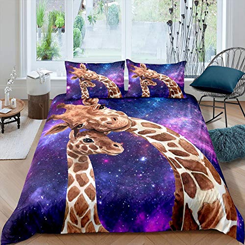 feelingyou Zwei Giraffen Bettwäsche-Set Purple Galaxy Universe Bettwäsche Set 135x200cm Schöne Tiere Betten Set für Kinder Jungen Mädchen Teenager 2St.Reißverschluss Mikrofaser von feelingyou