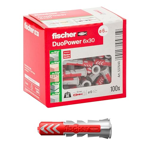 Fischer 100 Duopower Dübel, 6 x 30 mm, für Vollwand, gelochtes Ziegel, Gipskarton, 537640 von fischer