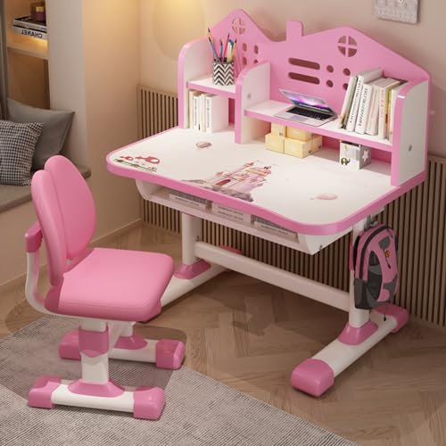 floatofly Funktionales Schreibtisch- und Stuhl-Set für Kinder, höhenverstellbar, mit Aufbewahrungsschublade, erweiterter Schreibtisch, Cartoon-Muster, Schreibtischstuhl-Set, Rosa von floatofly