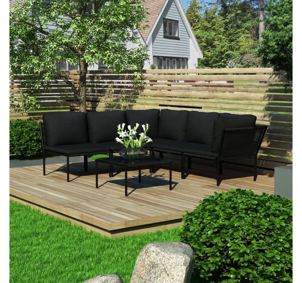 furnicato Garten-Essgruppe 6-tlg. Garten-Lounge-Set mit Auflagen Schwarz PVC von furnicato