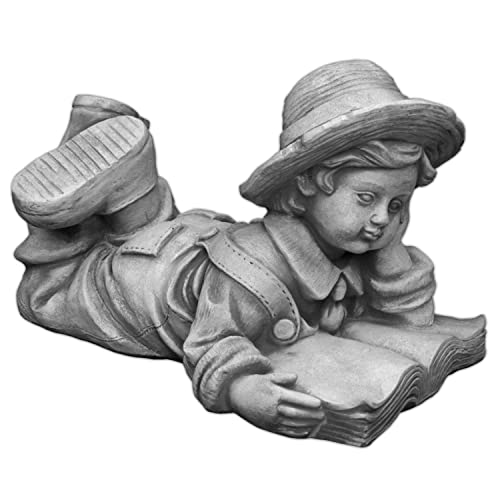gartendekoparadies.de Liegender Junge mit Buch, Steinfigur H. 22 cm, 10 kg, Grau, frostsicher aus Steinguss für Außenbereich von gartendekoparadies.de
