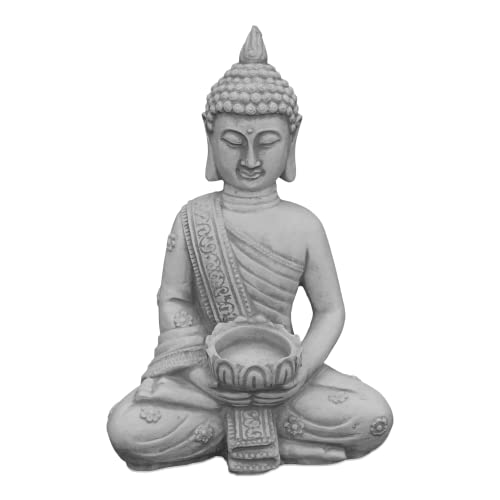 gartendekoparadies.de Buddha mit Teelicht, Steinfigur, H. 31 cm, 4 kg, Grau, frostsicher aus Steinguss für Außenbereich von gartendekoparadies.de